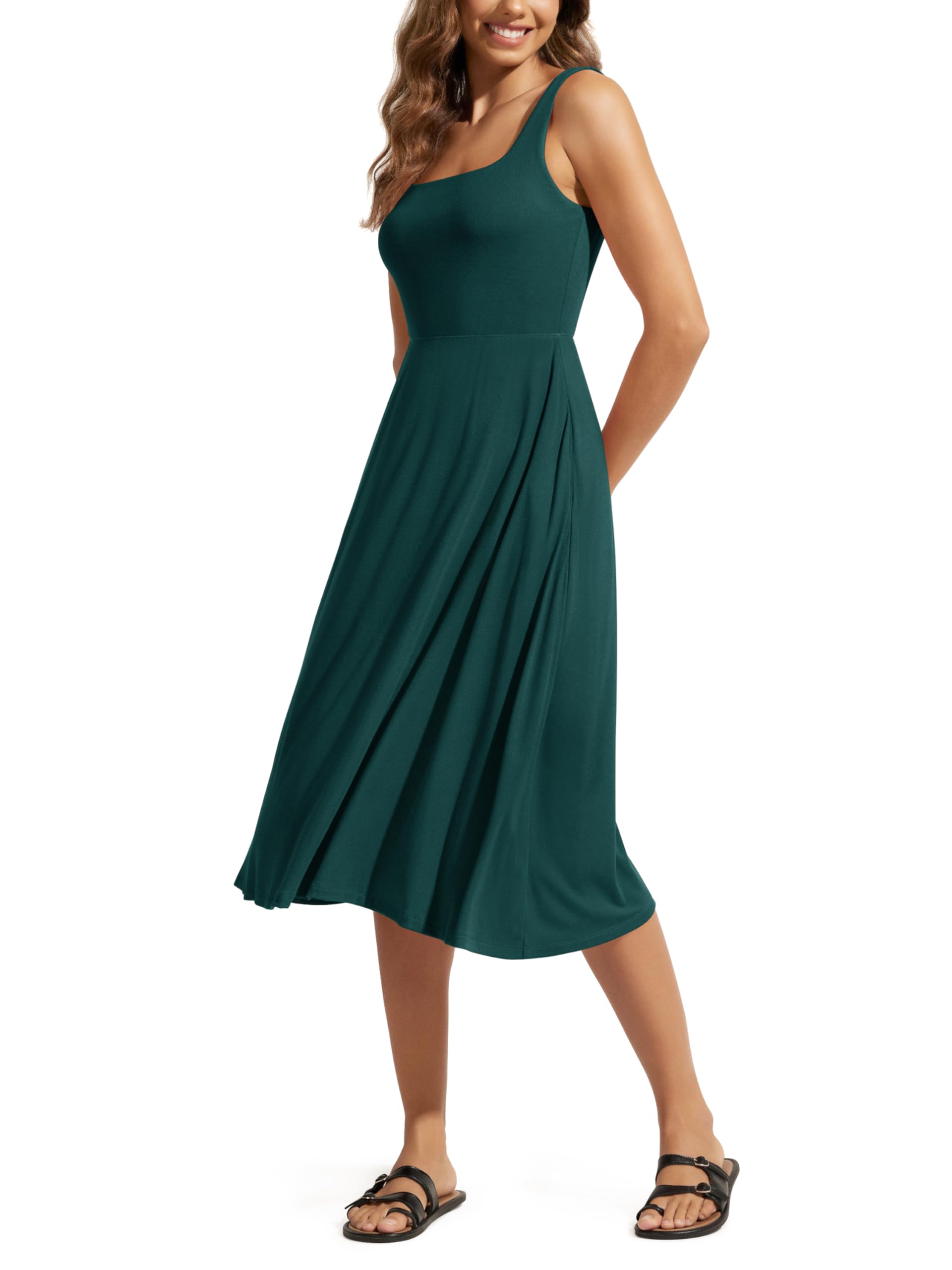 Women Summer Square Neck Sleeveless Flare Tank Midi Casual Sundress with Pockets