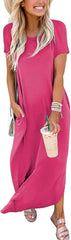 Summer Short Sleeve Casual Loose Long T Shirt Split Maxi Vacation Beach