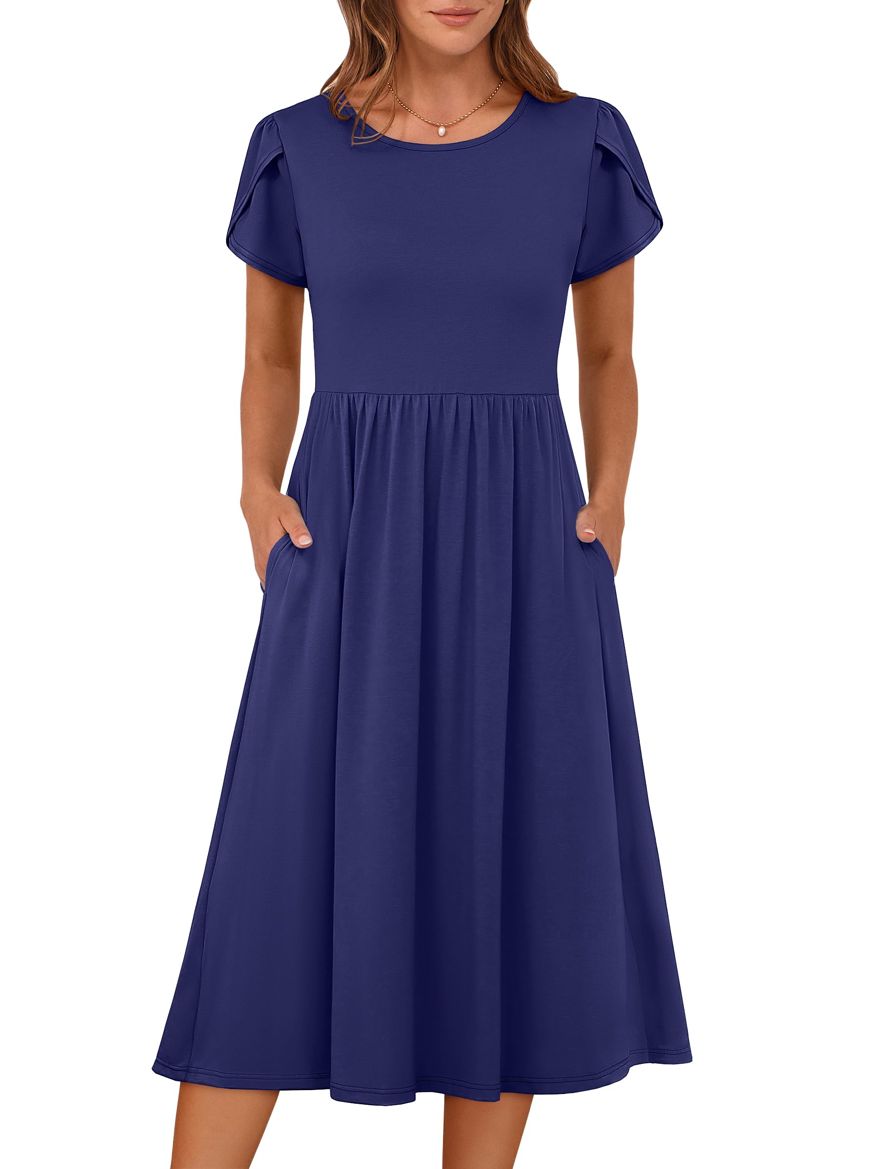 Women's Summer Short Sleeve A-Line Midi Floral T-Shirt Casual Beach Sundress with Pockets