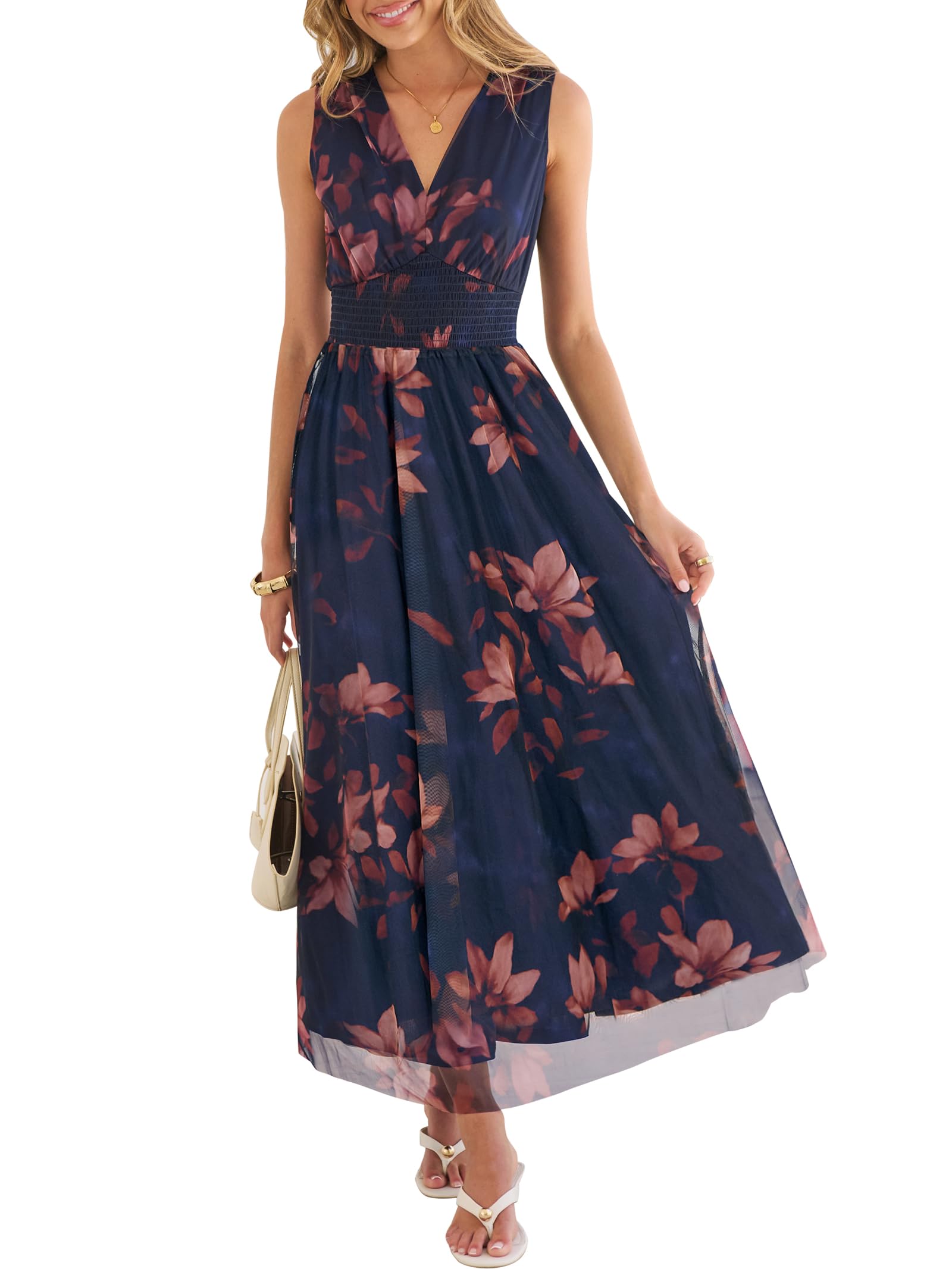 Women's Floral Tulle V Neck Sleeveless A-Line Elastic Waist Casual Flowy Formal