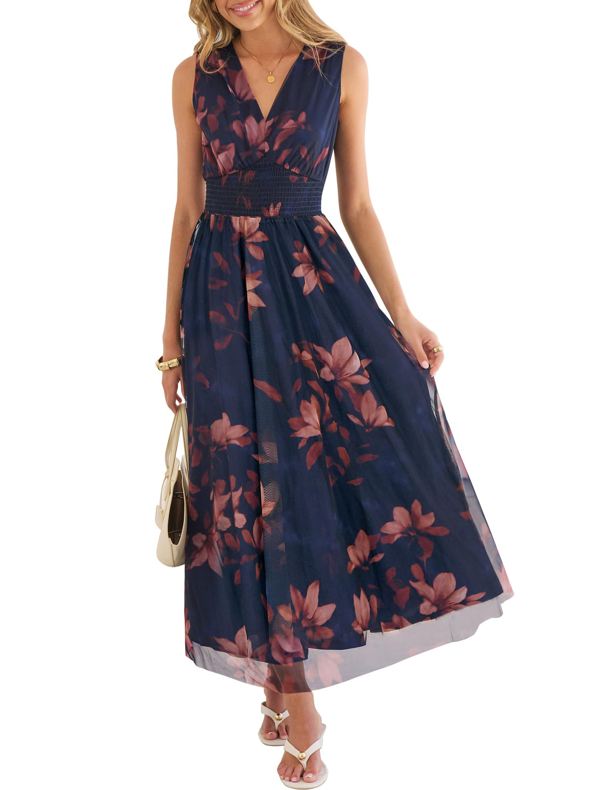 Women's Floral Tulle V Neck Sleeveless A-Line Elastic Waist Casual Flowy Formal