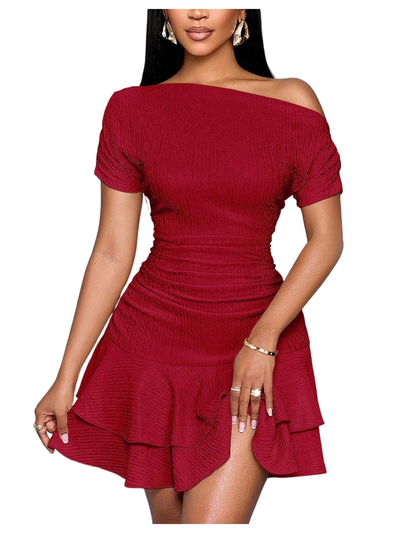 Women's Summer Off The Shoulder Short Sleeve Ruffle Cute Mini Fit and Flare Brunch Dress