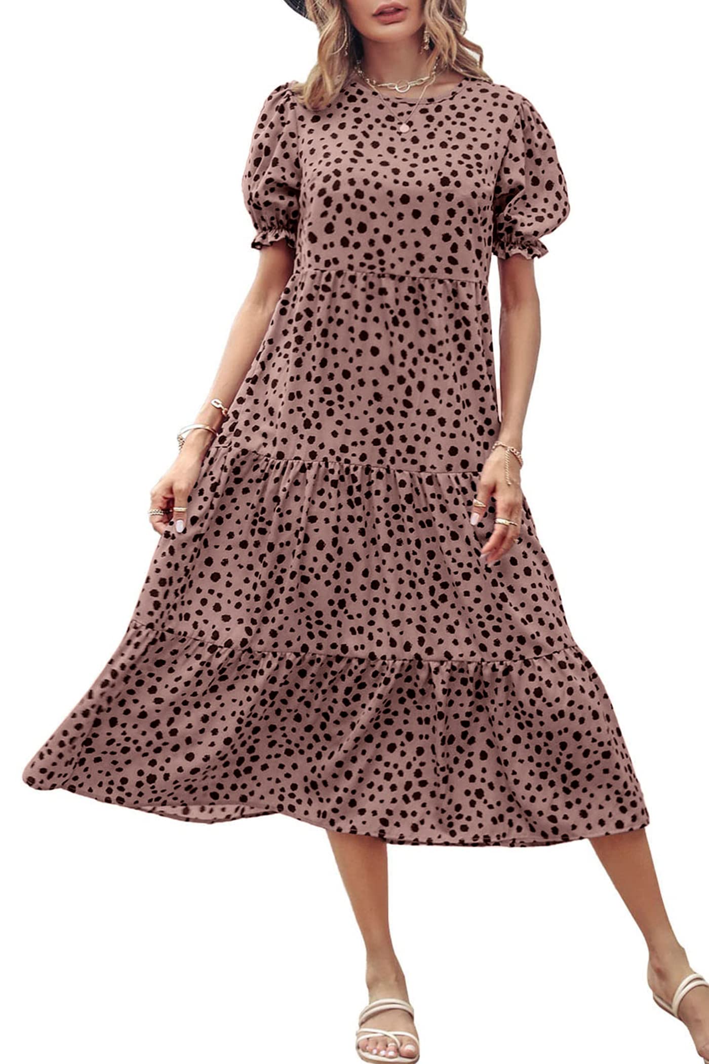 Women's  Summer Casual Floral Boho Midi Puff Short Sleeve Flowy Beach Vacation Sun Dress