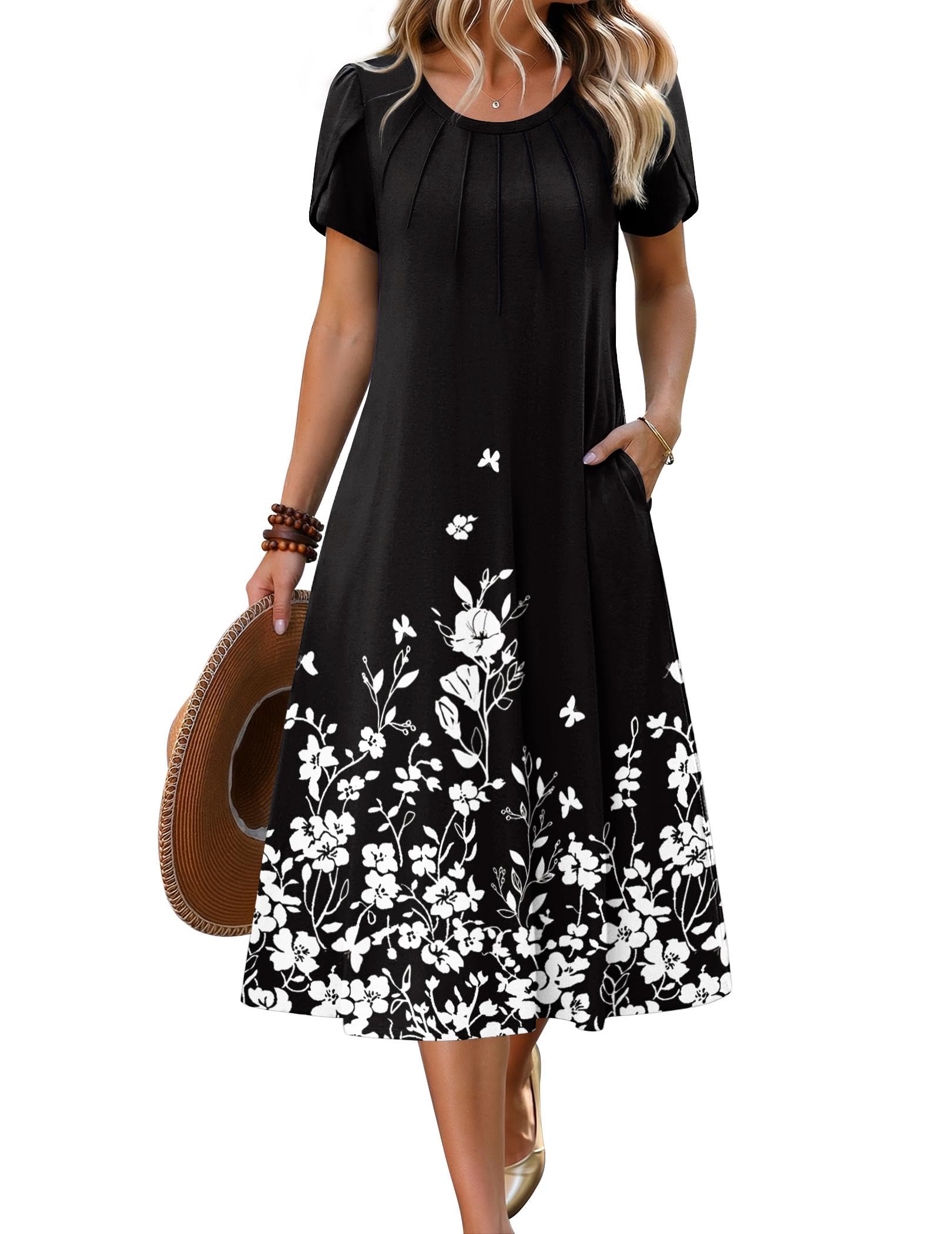 Women's 2026 Summer Petal Short Sleeve Pleated Midi A-Line Flowy Boho Casual Sundress
