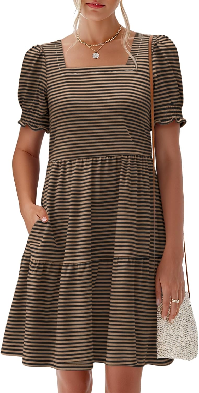 Women 2026 Summer Square Neck Puff Short Sleeve Casual Flowy Mini Sundress with Pockets for Beach Vacation