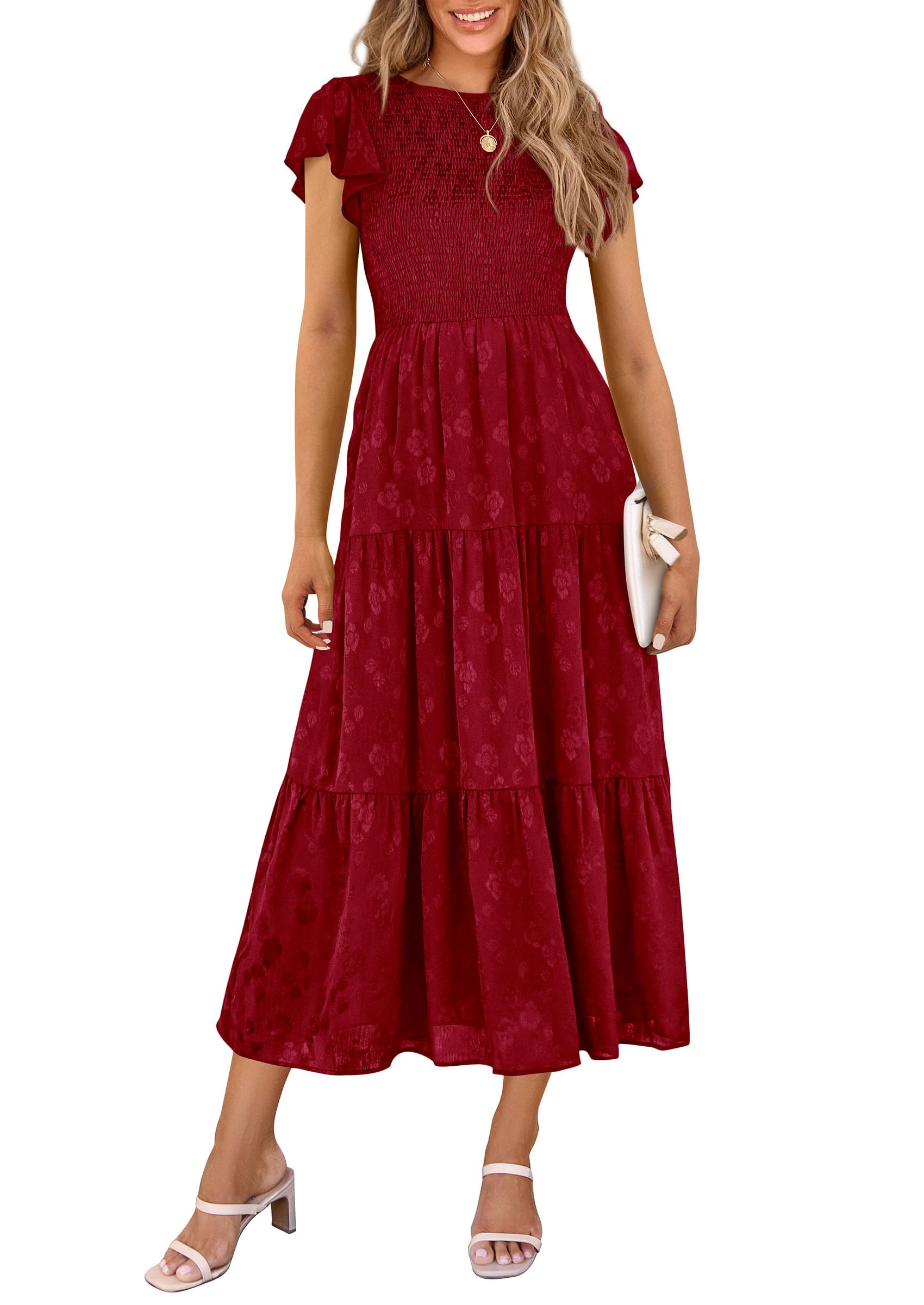 Women's 2026 Summer Floral Cap Sleeve Smocked A-Line Long Elegant Midi Spring Wedding Guest Dress