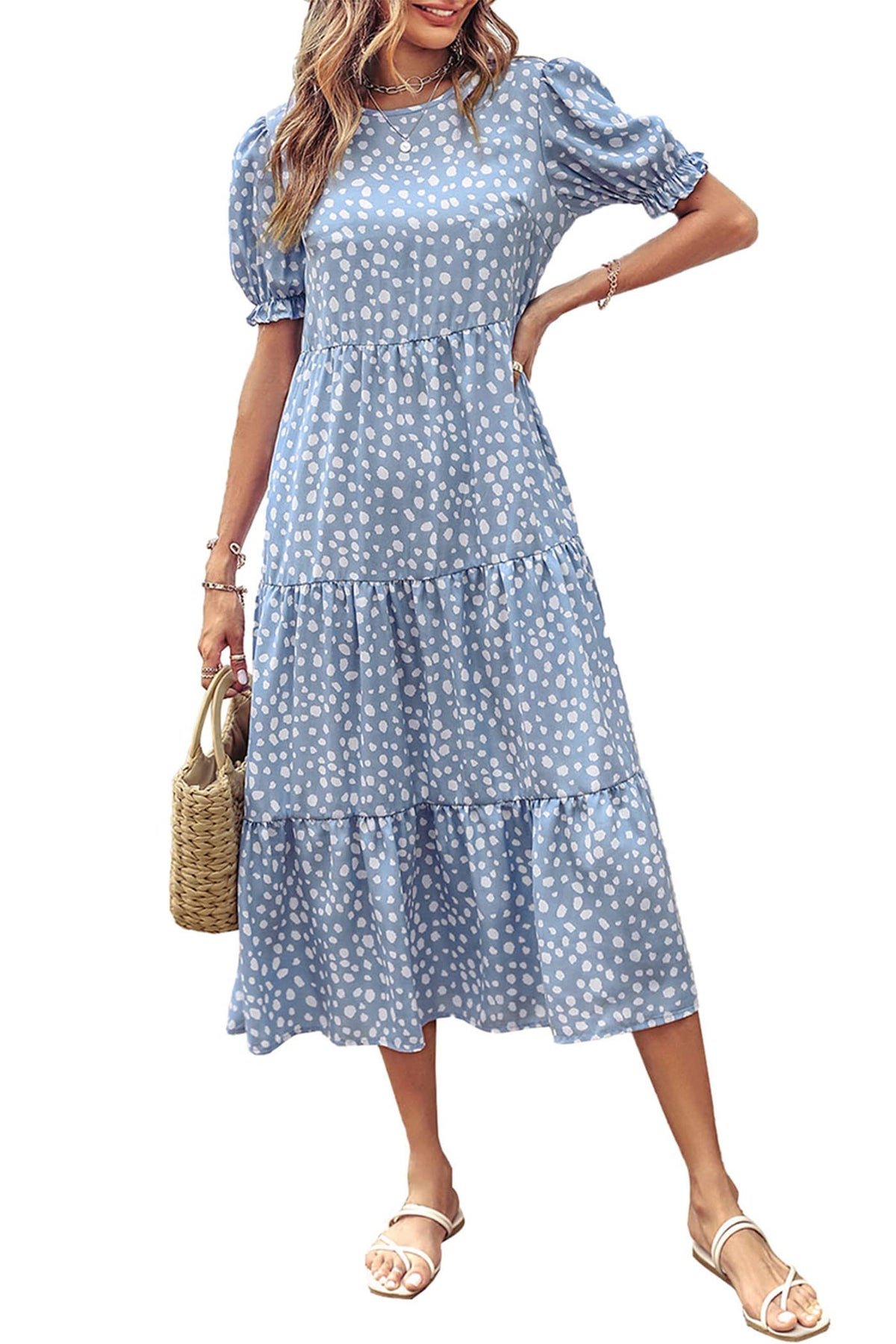 Summer Casual Floral Boho Puff Short Sleeve Flowy Midi Beach Vacation Sun Dress