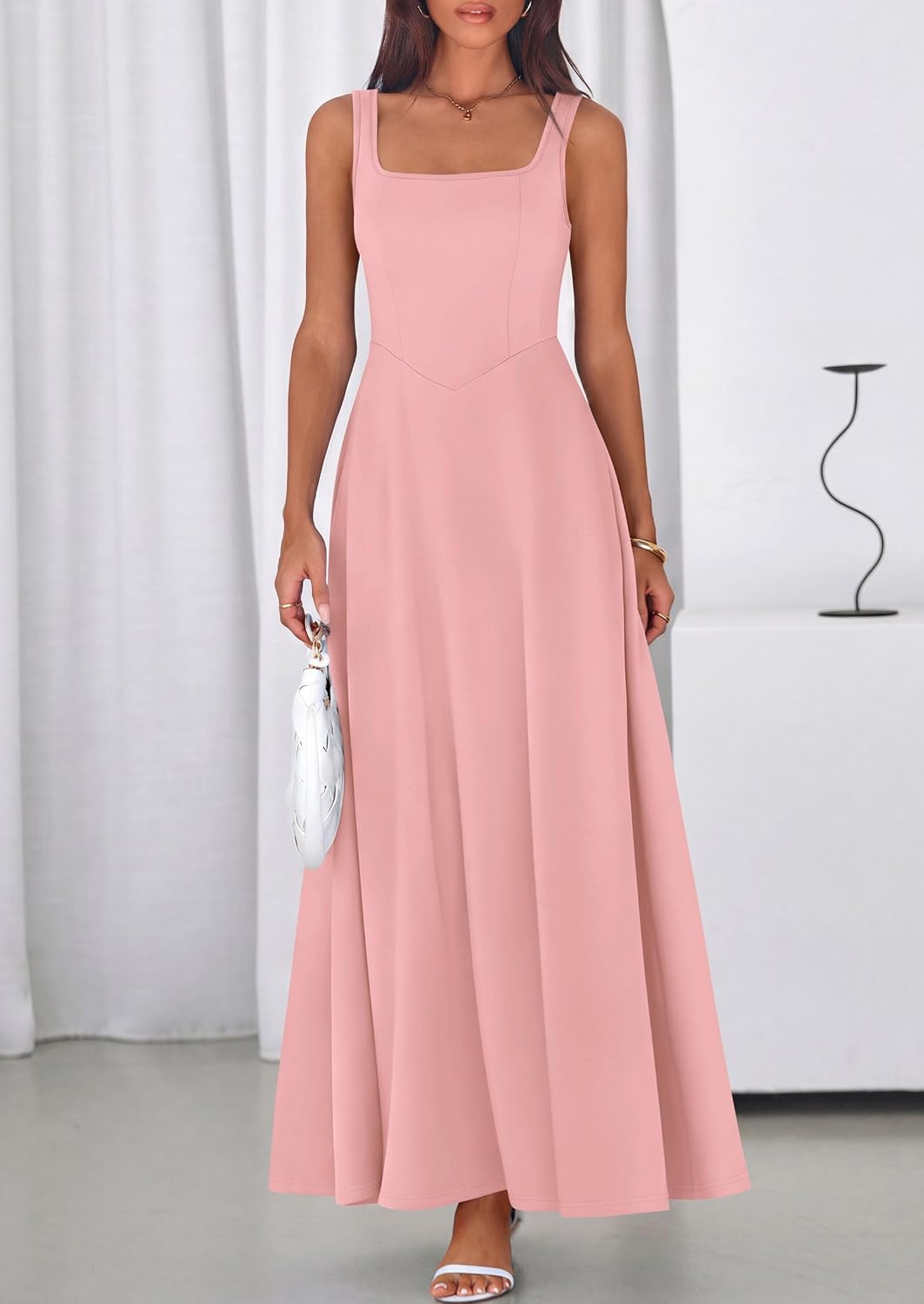 2 Neck A-Line Swing Maxi Beach Wedding Guest Dress with Pockets