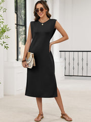 Womens Summer Sleeveless Crewneck Loose Split Wrinkle-Free Midi Beach Travel Vacation Long Sundress