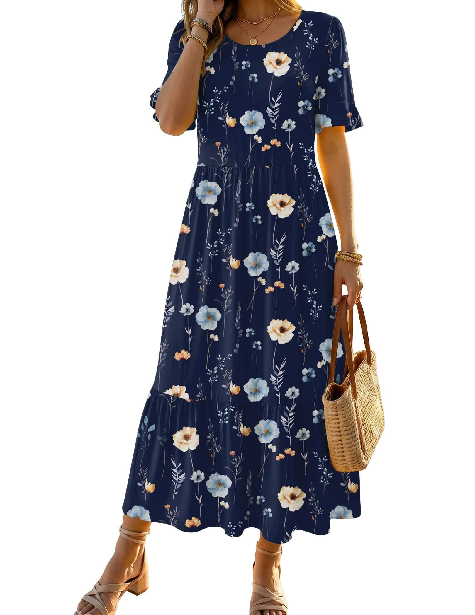 Womens 2026 Summer Casual Ruffle Short Sleeve Tiered A Line Boho Flowy Midi Sundress