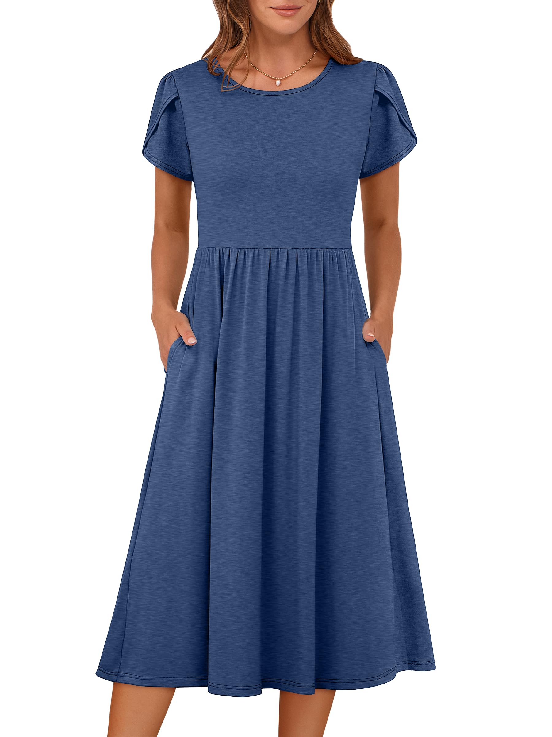 Women's Summer Short Sleeve A-Line Midi Floral T-Shirt Casual Beach Sundress with Pockets
