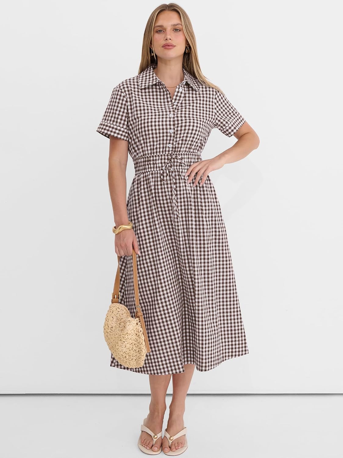 Women Summer Short Sleeve Striped & Gingham Casual A-Line Button Collar
