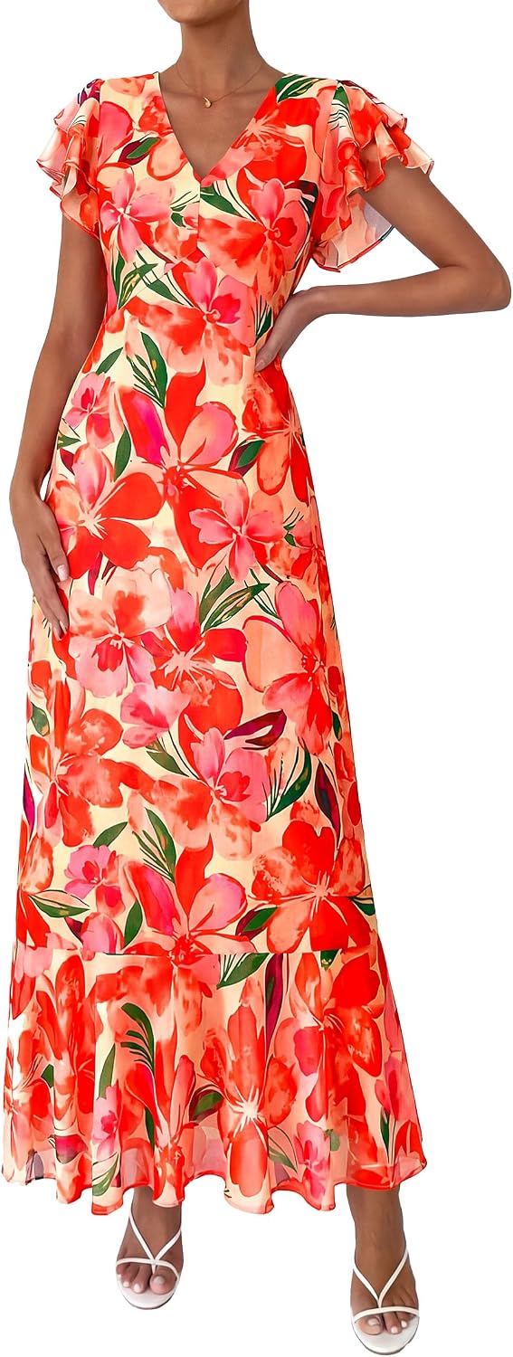 Women's 2026 Summer Boho Floral Ruffle Flowy Maxi Dress for Cocktail Beach Spring Wedding Guest