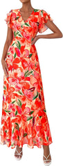 Women's 2026 Summer Boho Floral Ruffle Flowy Maxi Dress for Cocktail Beach Spring Wedding Guest