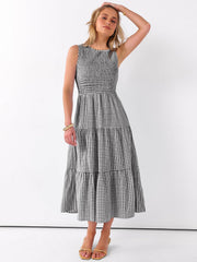 Women's Summer Sleeveless Crewneck Smocked Plaid Tiered Boho A-Line Maxi Beach Sundress