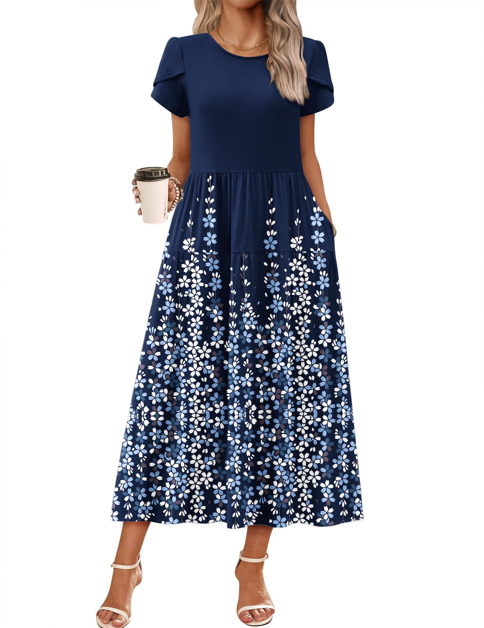 Summer Bohemian Floral Short Sleeve Casual Flowy Tired Maxi Beach Sundress for