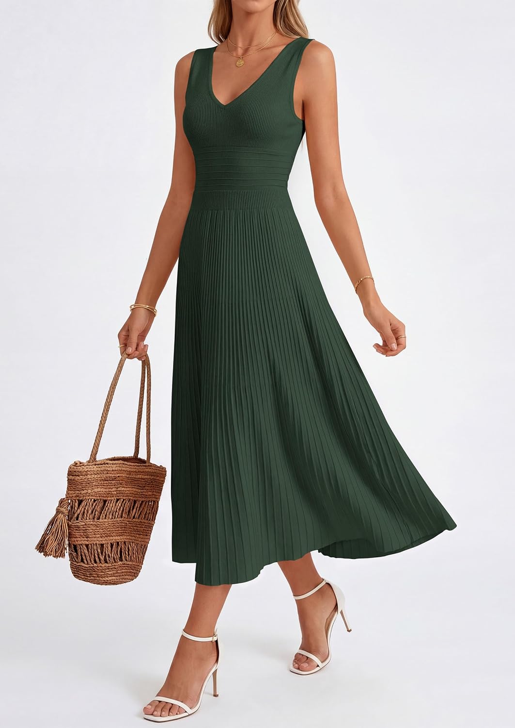 2026 Summer Sleeveless V Neck Pleated Casual Midi Work Cocktail Wedding