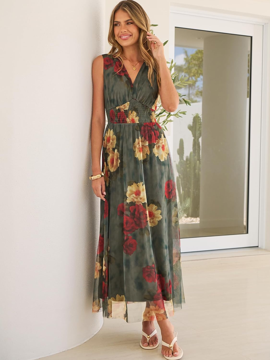 Women's Floral Tulle V Neck Sleeveless A-Line Elastic Waist Casual Flowy Formal