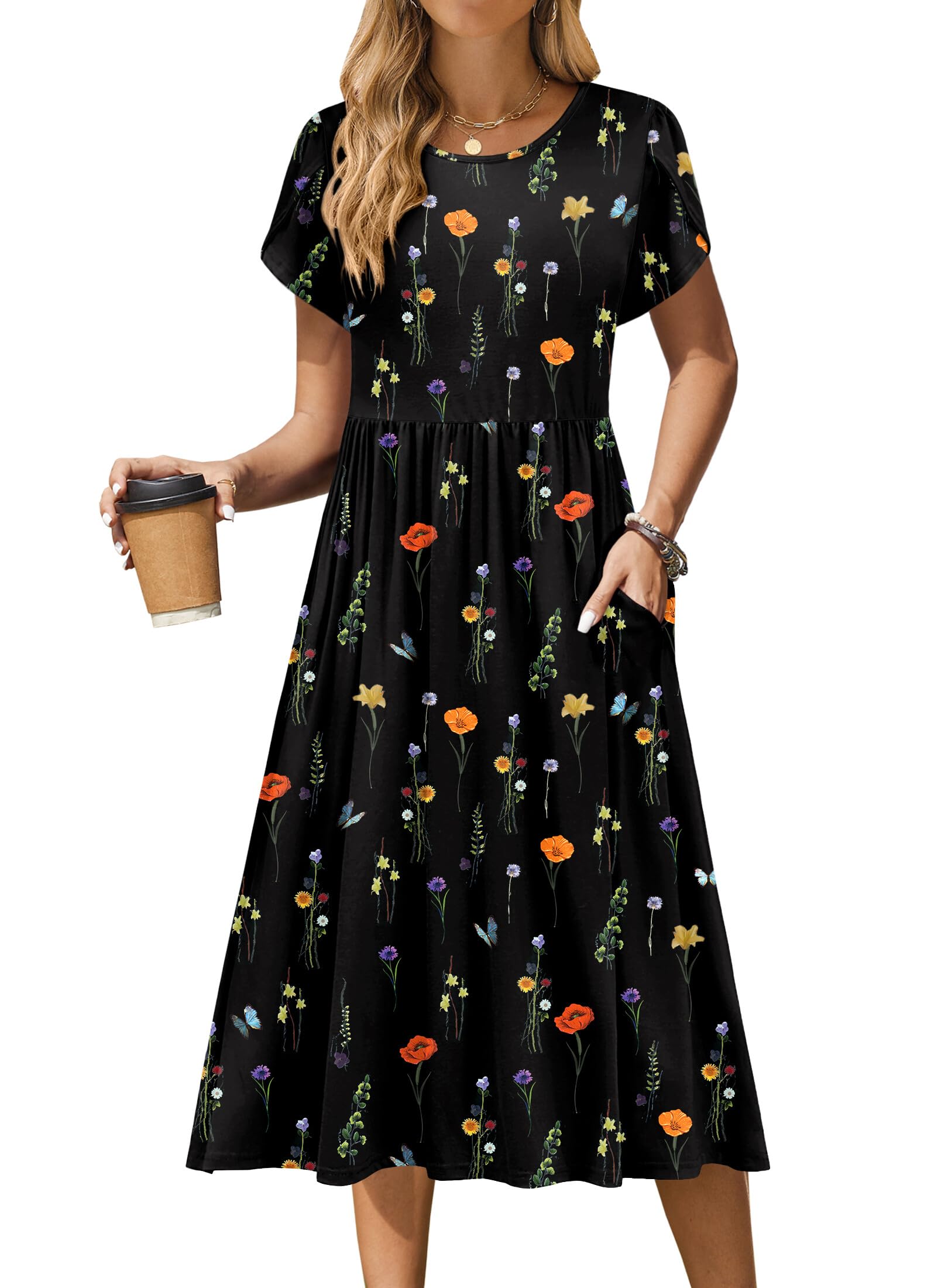 Women's Summer Casual A-Line Midi Short Sleeve Floral T-Shirt y Beach Sundress with Pockets
