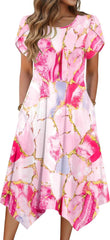 Womens 2026 Summer Short Sleeve Loose Flowy Hankerchief Flare Midi Casual Beach