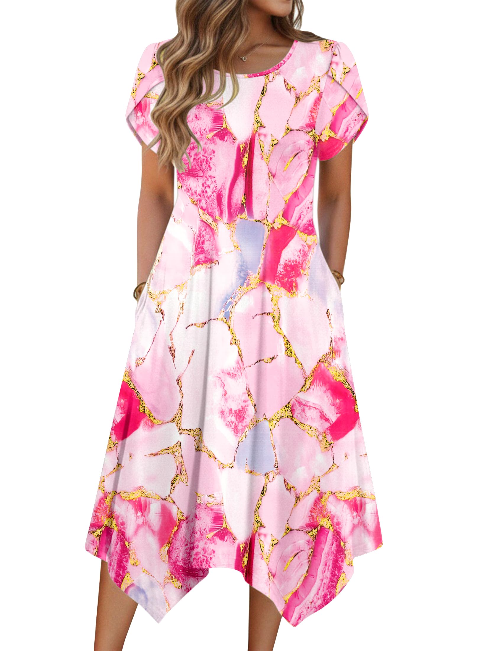 Womens 2026 Summer Short Sleeve Loose Flowy Hankerchief Flare Midi Casual Beach