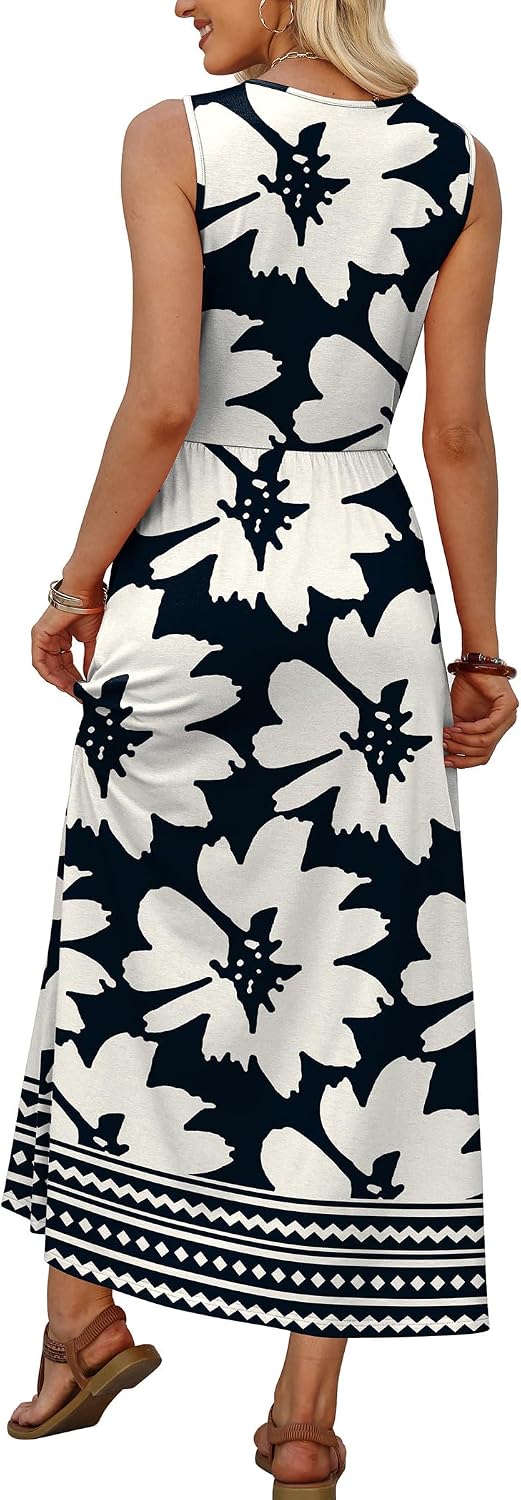 Summer  Waist Maxi Beach Vacation Sundress with Pockets