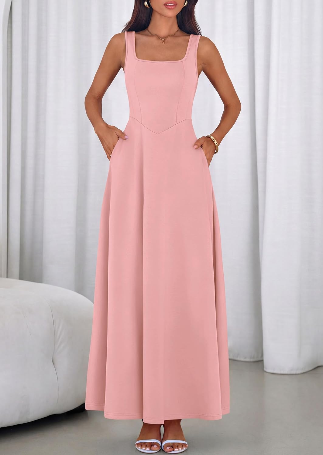 2 Neck A-Line Swing Maxi Beach Wedding Guest Dress with Pockets