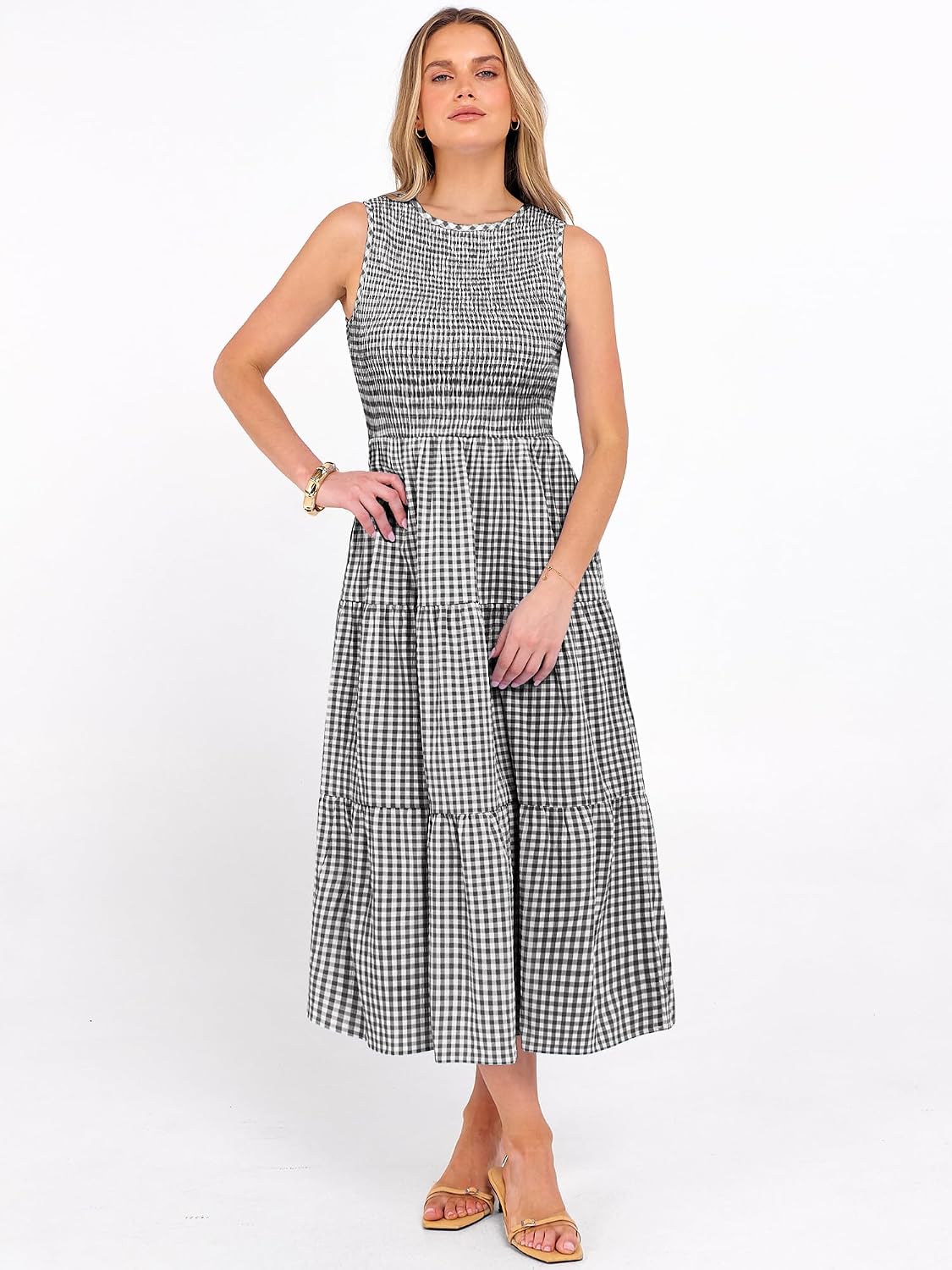 Women's Summer Sleeveless Crewneck Smocked Plaid Tiered Boho A-Line Maxi Beach Sundress