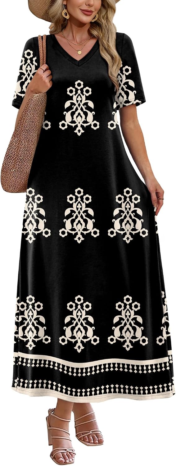 Women's V-Neck Floral Travel Summer Maxi Vacation Beach Sundress