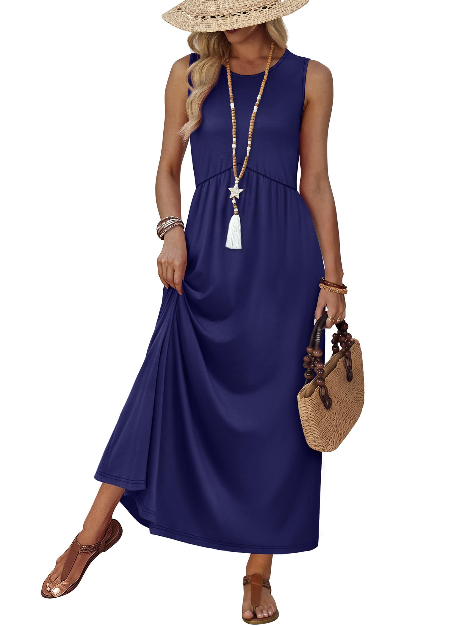 Empire Waist Maxi Summer Dress with Pockets for Beach Vacation Sundress