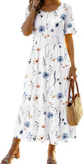 Womens 2026 Summer Casual Ruffle Short Sleeve Tiered A Line Boho Flowy Midi Sundress