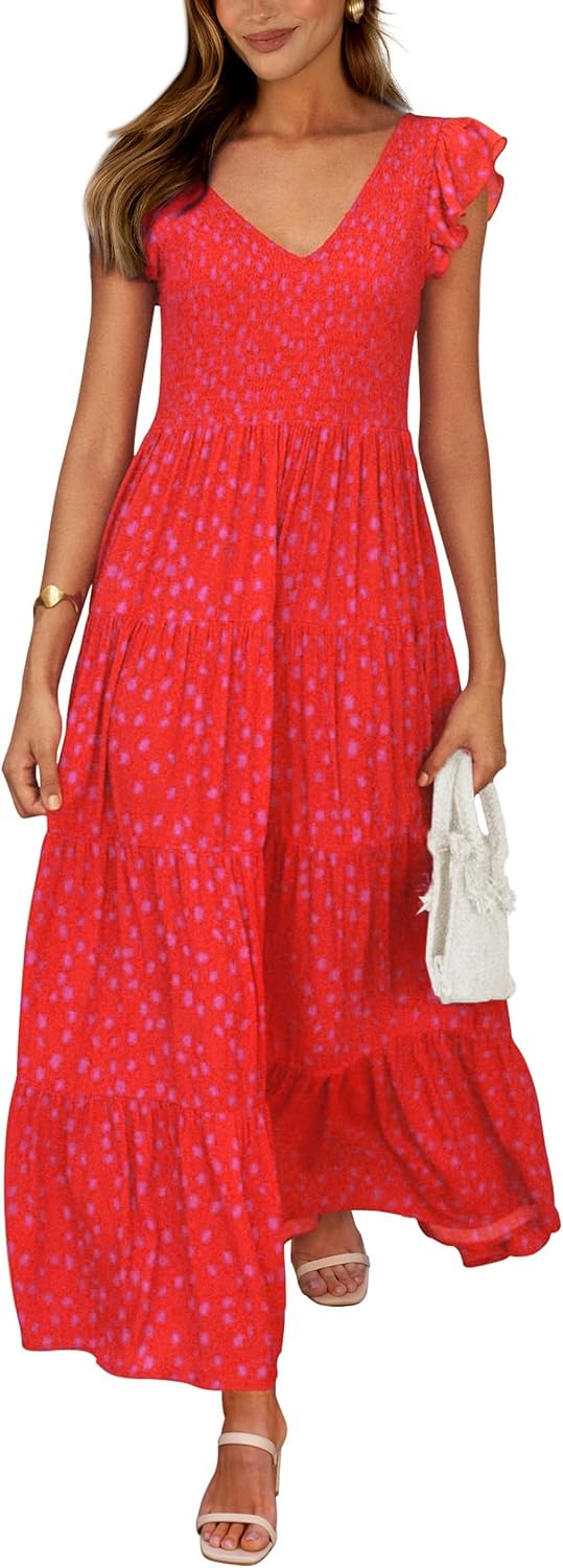 Women's Summer Flowy Casual Cap Sleeve V Neck Smocked Maxi Beach