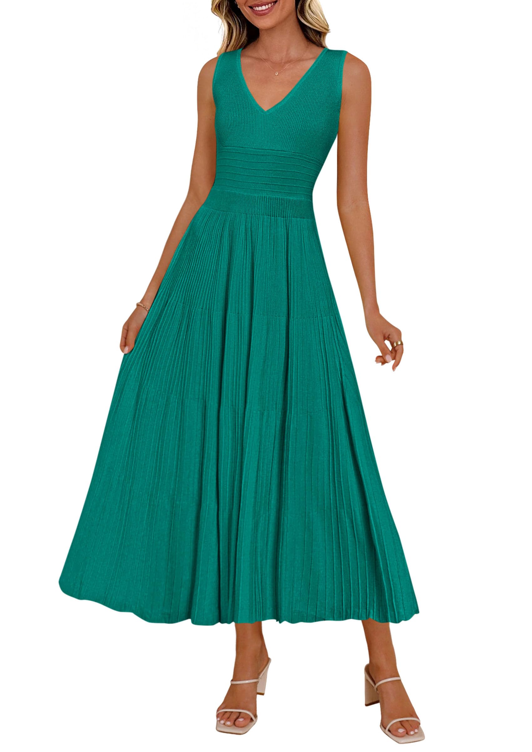 2026 Summer Sleeveless V Neck Pleated Casual Midi Work Cocktail Wedding