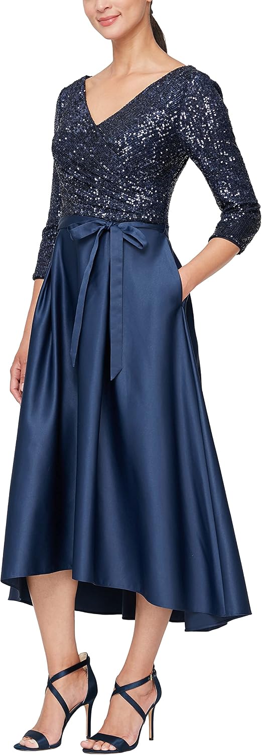 Satin Ballgown Formal Event Dress with Pockets and Tie Belt Petite and Regular Sizes