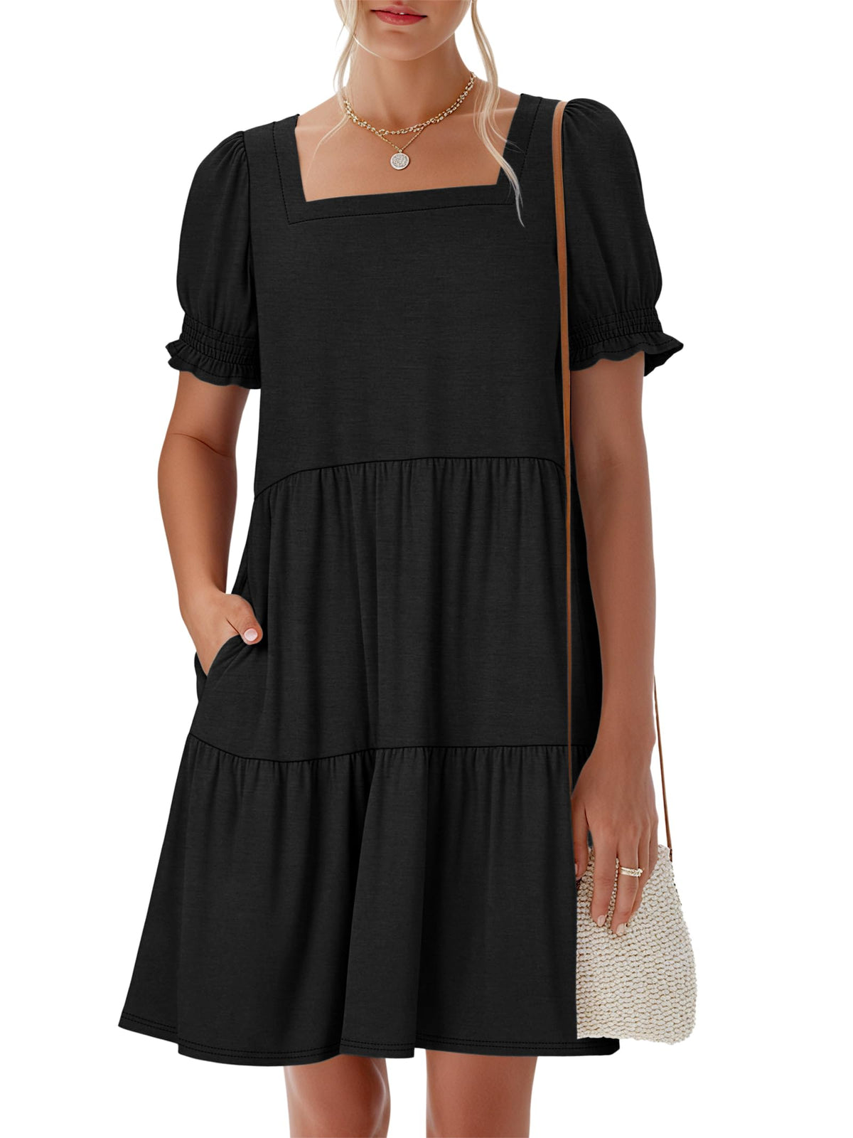 Women 2026 Summer Square Neck Puff Short Sleeve Casual Flowy Mini Sundress with Pockets for Beach Vacation