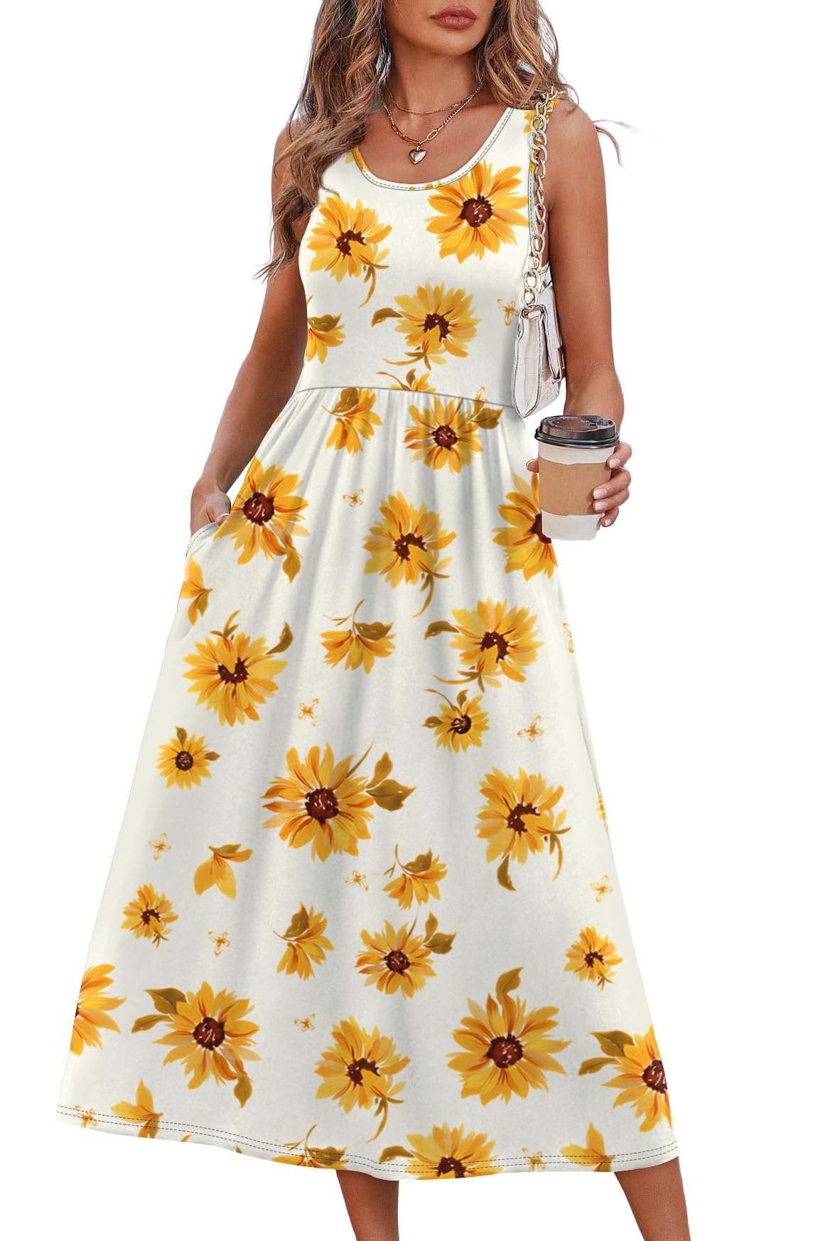 Women's Summer Flowy Casual Midi Beach Vacation Sundress with Pockets