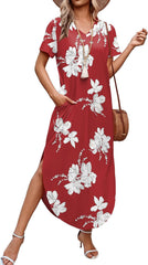Women's 2026 Summer Short Sleeve Maxi Dress with Pockets for Vacation Beach Sundress