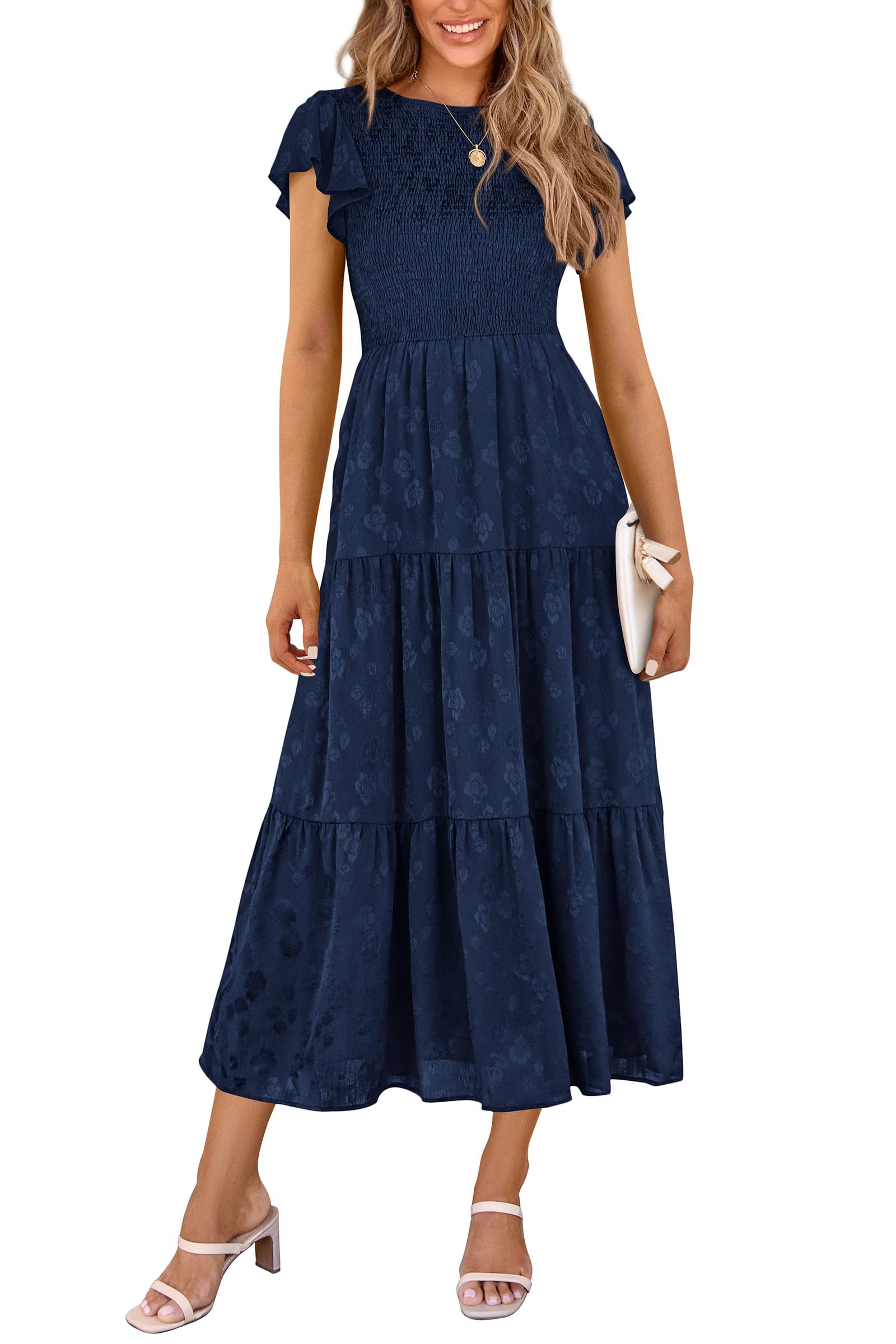 Women's 2026 Summer Floral Cap Sleeve Smocked A-Line Long Elegant Midi Spring Wedding Guest Dress