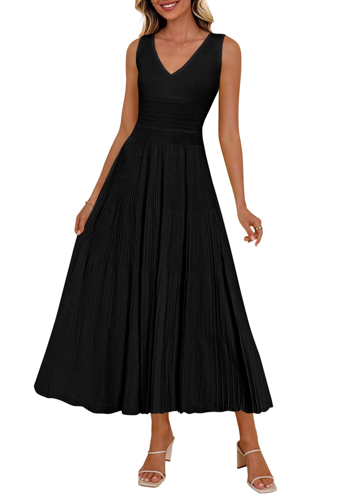 2026 Summer Sleeveless V Neck Pleated Casual Midi Work Cocktail Wedding
