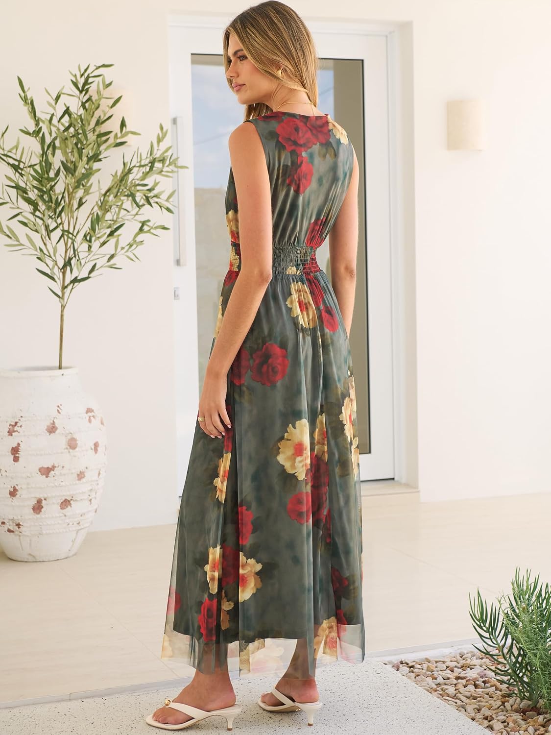 Women's Floral Tulle V Neck Sleeveless A-Line Elastic Waist Casual Flowy Formal
