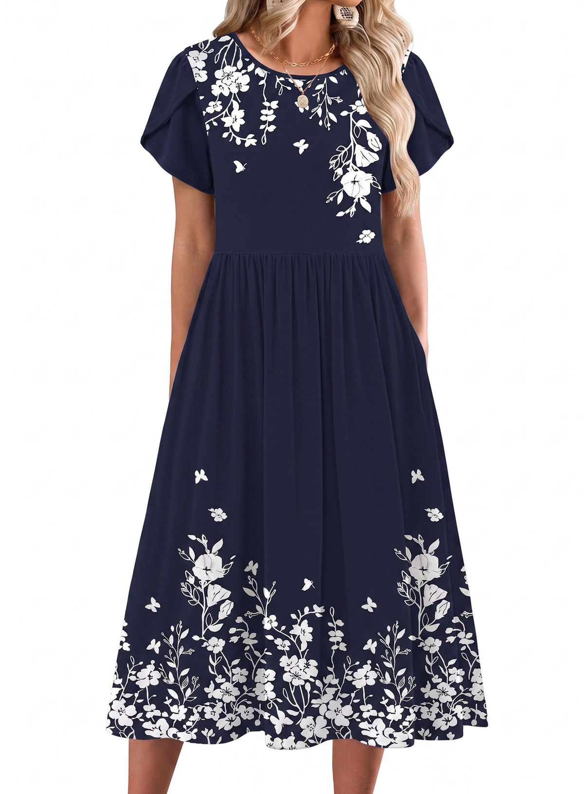 Women's Summer Short Sleeve Floral T-Shirt A-Line Casual Midi Dress with Pockets Flowy Beach Sundress