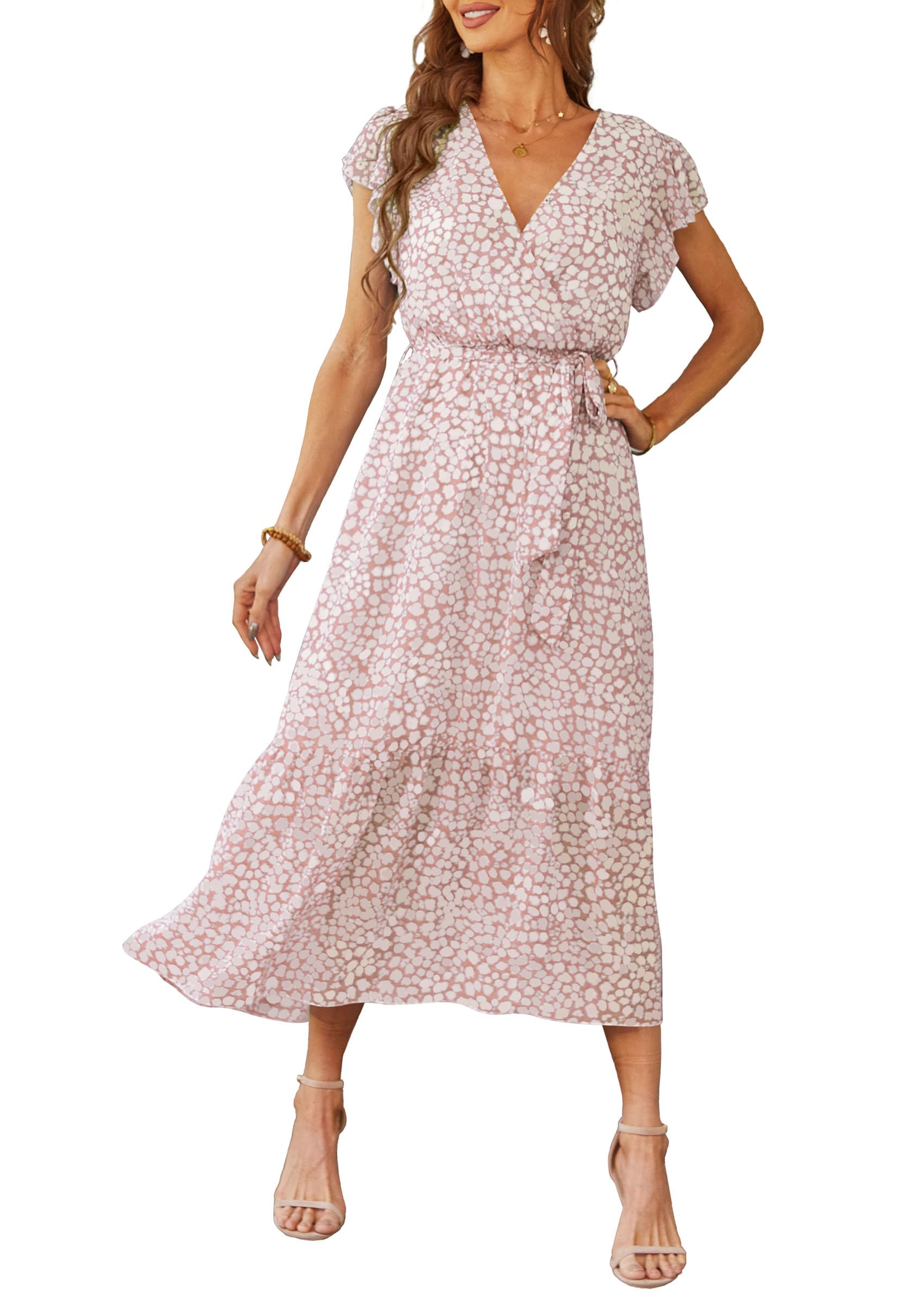 Women's Summer Short Sleeve Wrap V Neck Floral Boho Maxi Ruffle Long Flowy