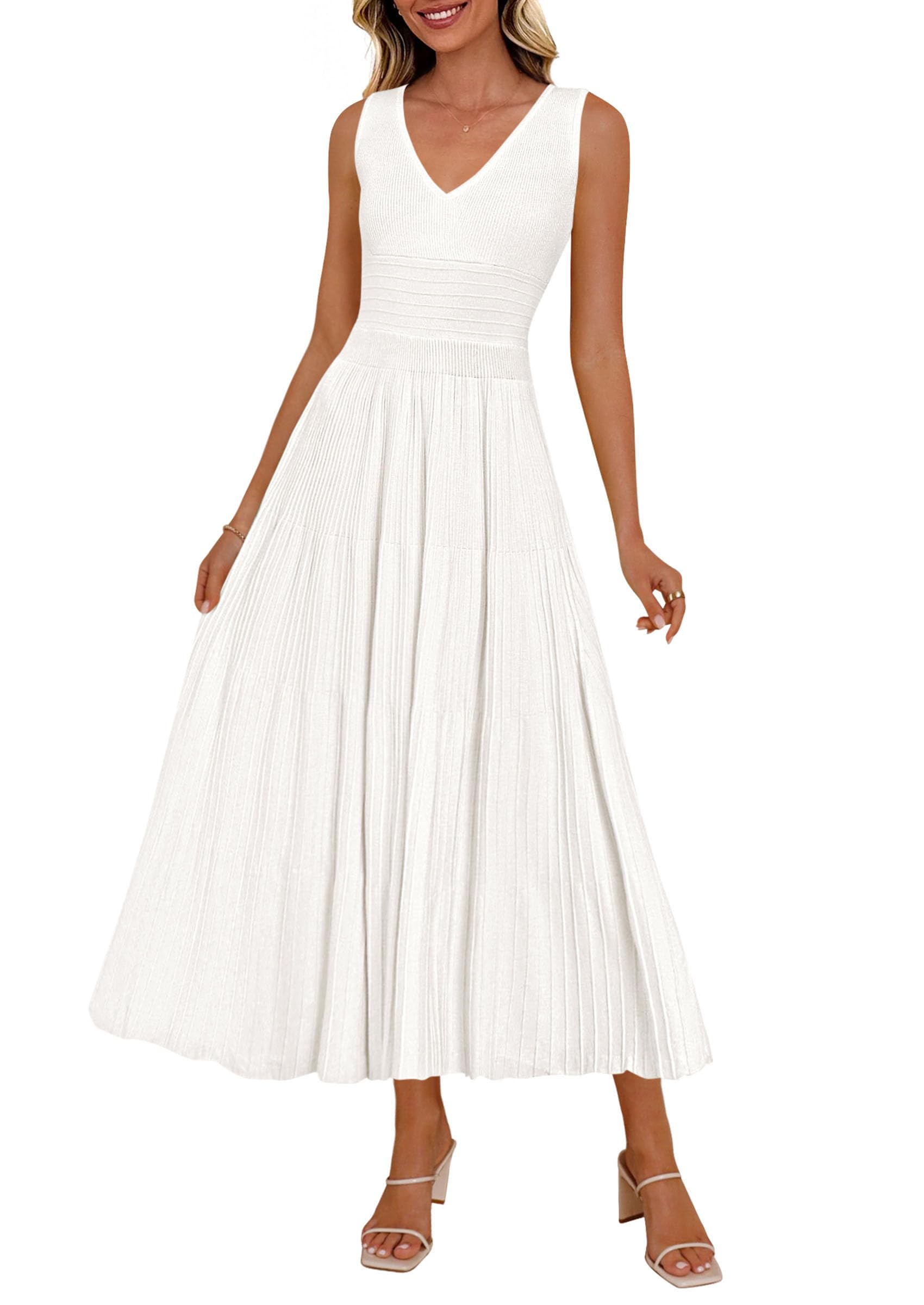 2026 Summer Sleeveless V Neck Pleated Casual Midi Work Cocktail Wedding