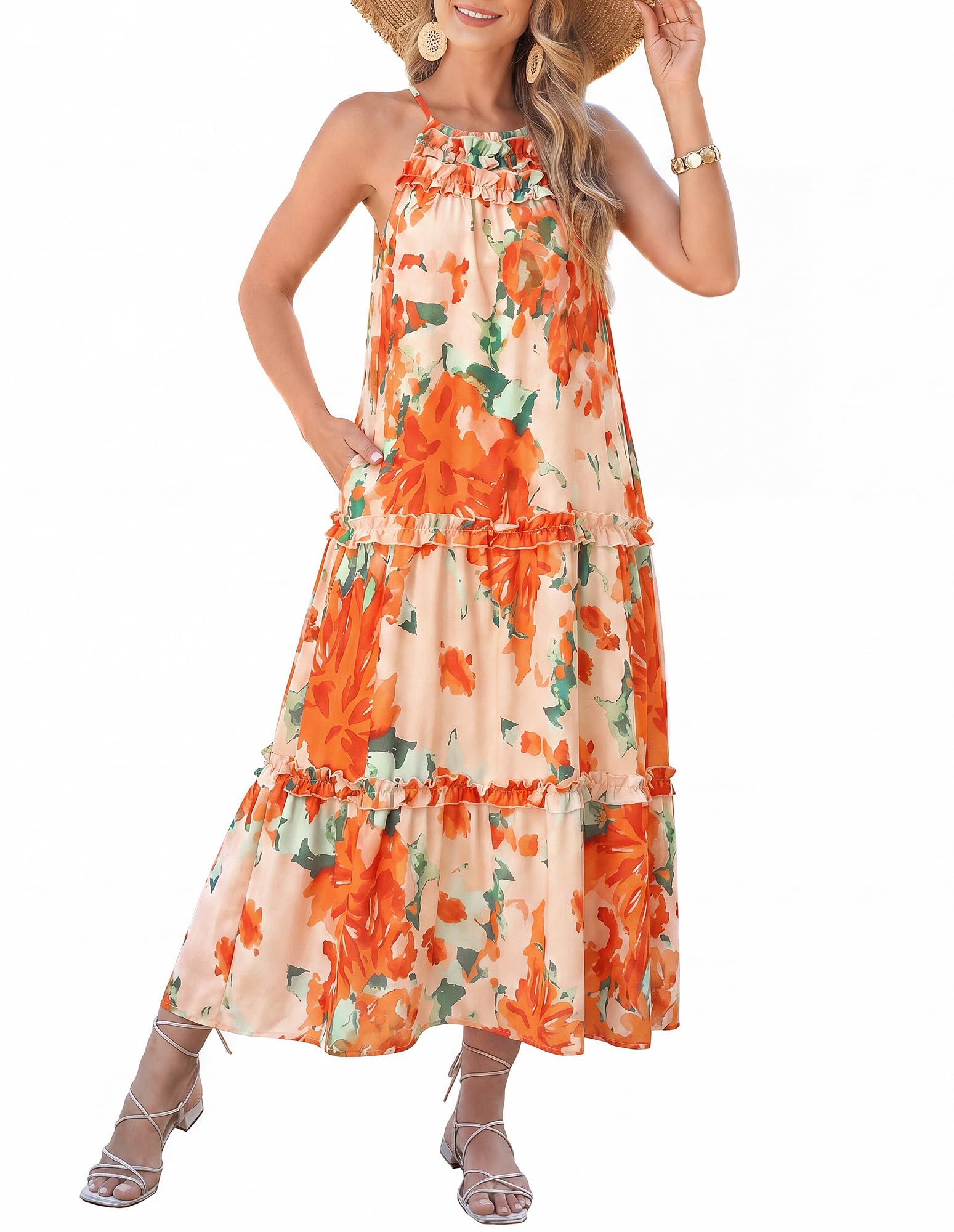 2026 Women's  Summer Floral Halter Maxi Beach Sundress with Tiered Ruffle Skirt