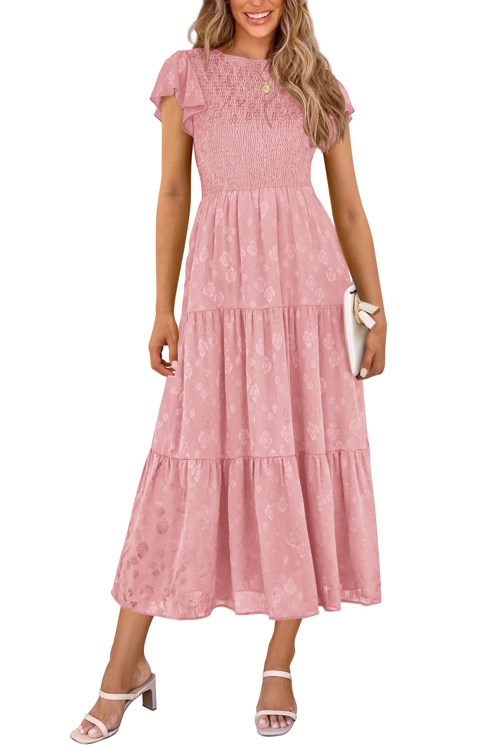 Women's 2026 Summer Floral Cap Sleeve Smocked A-Line Long Elegant Midi Spring Wedding Guest Dress