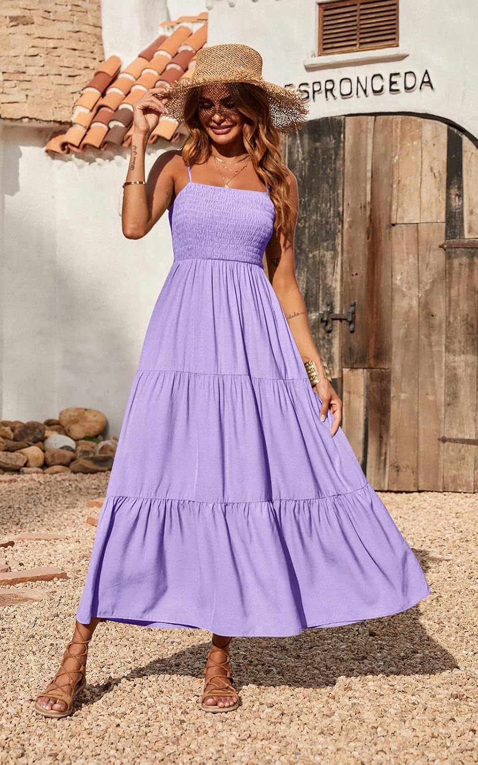 Women's 2026 Summer Casual Boho Sleeveless Spaghetti Strap Smocked Tiered Maxi Beach Sundress