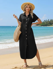 Women's Casual  Sleeve Button Down Long Shirt Dress with Pockets Swimsuit Beach Cover Up