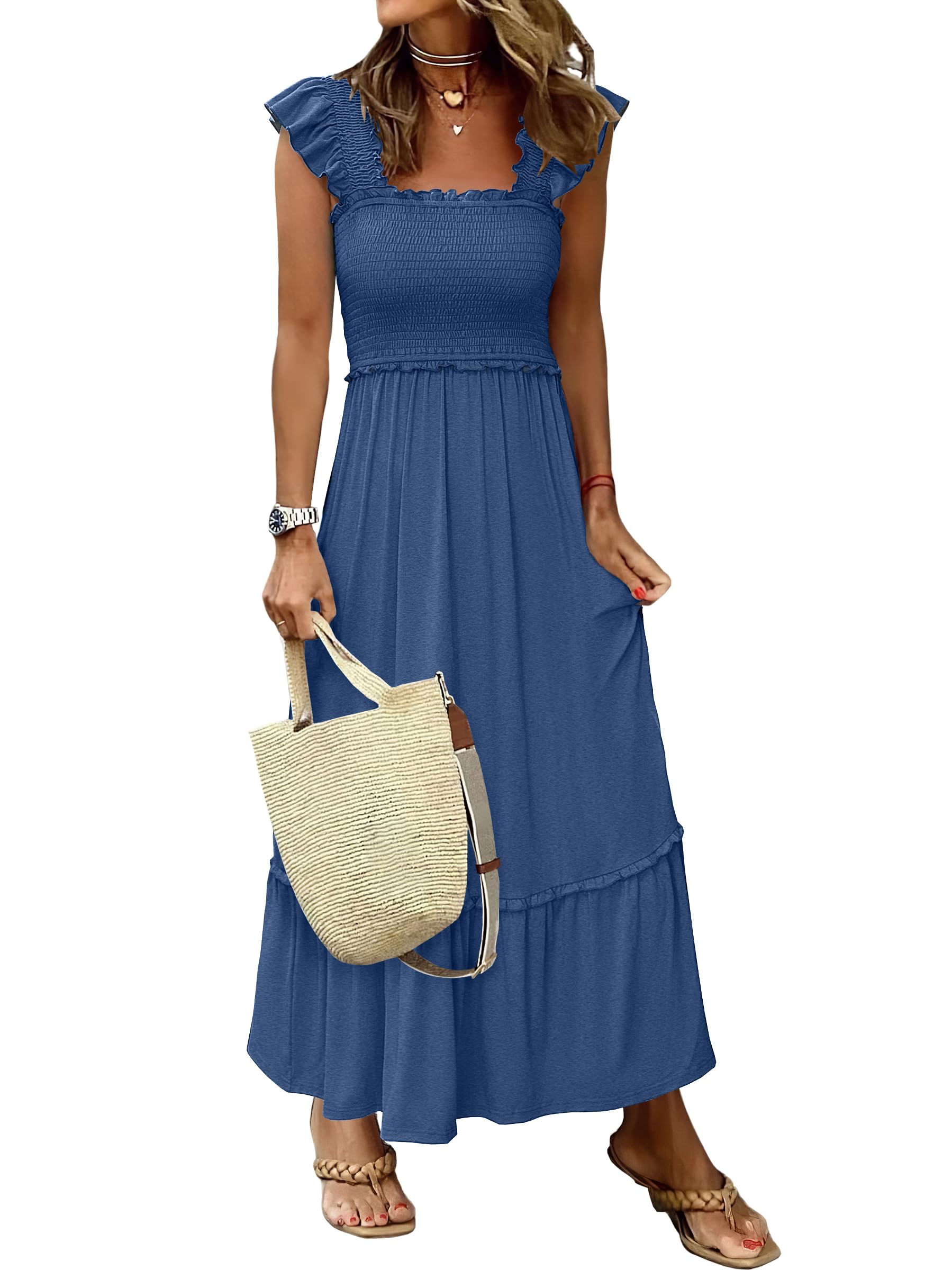 Womens Summer Sleeveless Square Neck Smocked Boho Ruffle Strap A-Line Maxi Beach Sundress