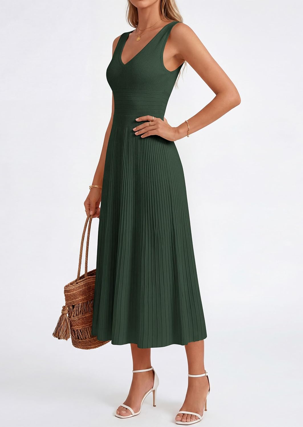 2026 Summer Sleeveless V Neck Pleated Casual Midi Work Cocktail Wedding