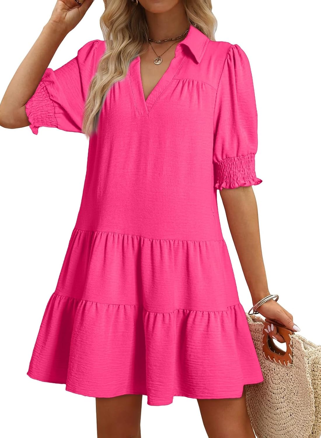 Women's 2026 Summer Lapel Collared V Neck Mid Sleeved Pleated Midi Dress
